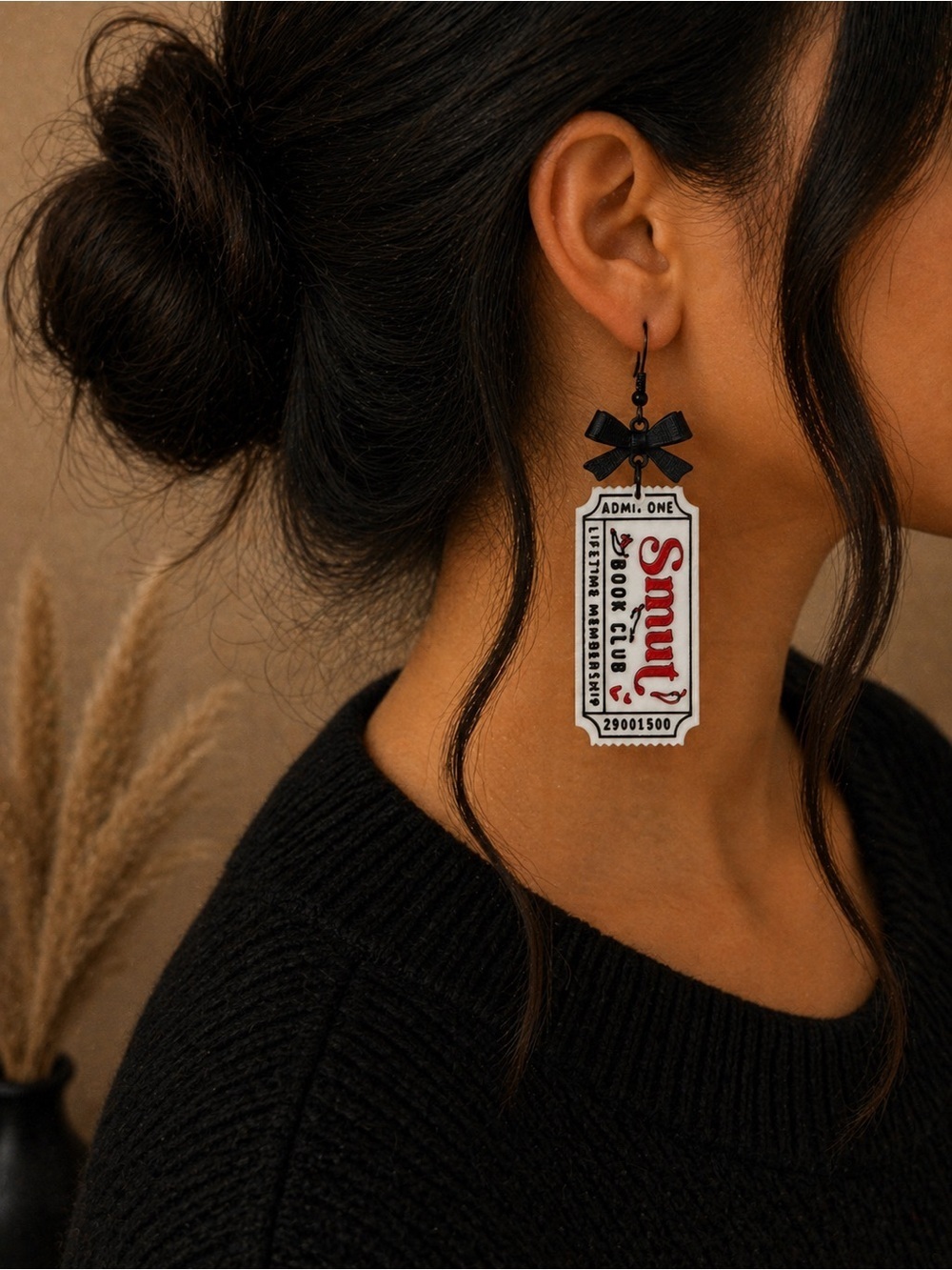 Smut Book Club Ticket Earrings with Bow - Picture 2 of 4